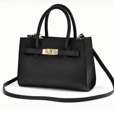 Elegancka Torebka Damska Kuferek Premium Czarna ze Złotym Zapięciem